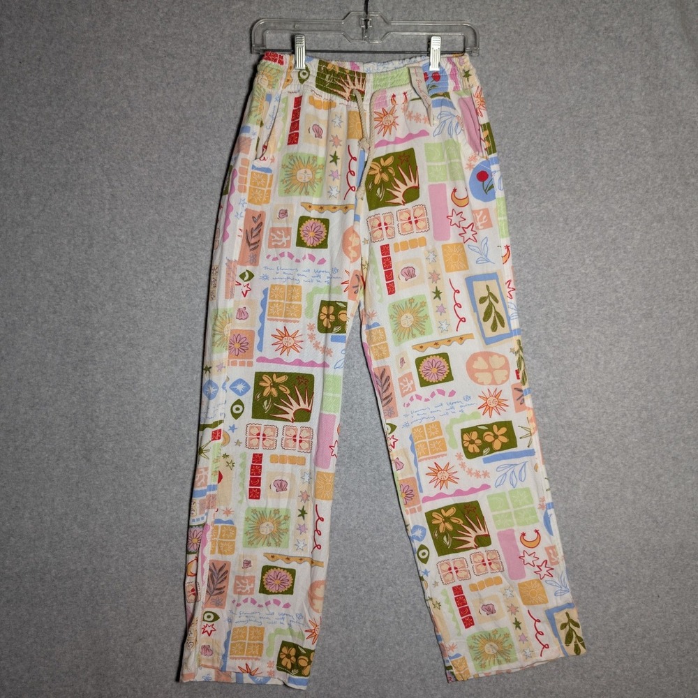 April Kiss Linen Blend Beach Pants Women M Resortwear Boho Celestial Sun Moon